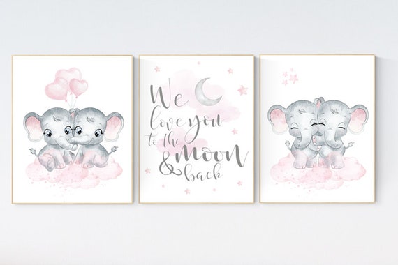 Twin nursery wall art, twin nursery decor, elephant, pink gray, baby girl twin decor, twin baby shower, twin baby girls, baby girl twins