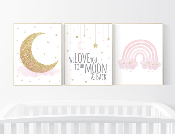 Nursery wall art girl, rainbow nursery, gold and pink, cloud, moon, stars, girl nursery ideas, nursery wall art, rainbow nursery wall decor