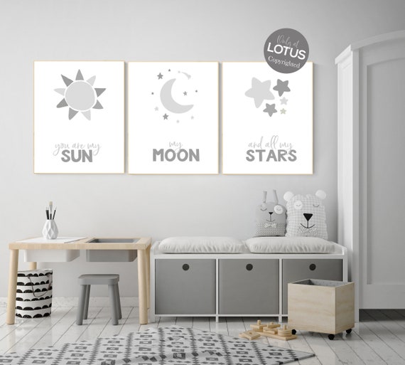 Nursery wall art grey, gender neutral nursery, baby room decor gender neutral, You Are My Sun My Moon And All My Stars, gray nursery