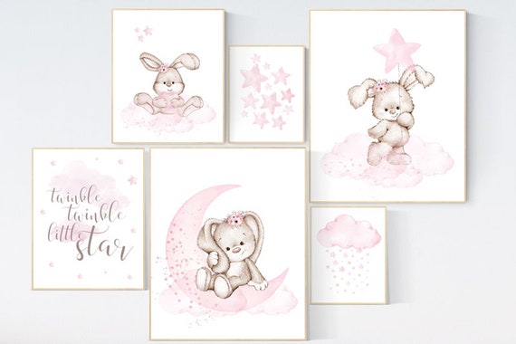 Nursery wall art girl, Rabbit nursery print, Nursery decor girl flower bunny, nursery print set girl, Bunny wall art, Bunnies nursery print