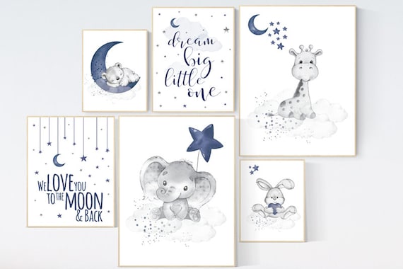 Nursery decor boy elephant, giraffe, boy nursery decor, moon and stars, navy nursery, boy nursery wall art, we love you to the moon and back