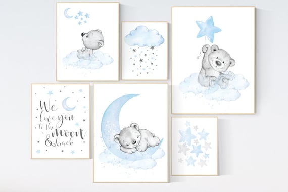 Nursery decor bear, nursery wall art boy, Blue grey, cloud and stars nursery, bear nursery art, moon nursery art, baby room wall art