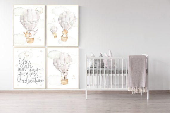 Nursery decor neutral, You are our greatest adventure print, gender neutral, gray, hot air balloon, elephant, giraffe, bear, bunny, animals