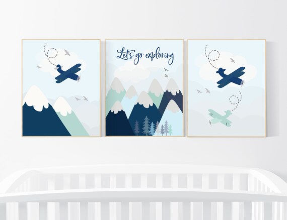 Adventure nursery decor, travel adventure nursery, nursery wall art boy, nursery prints boy mountain, airplane, world map, explore nursery