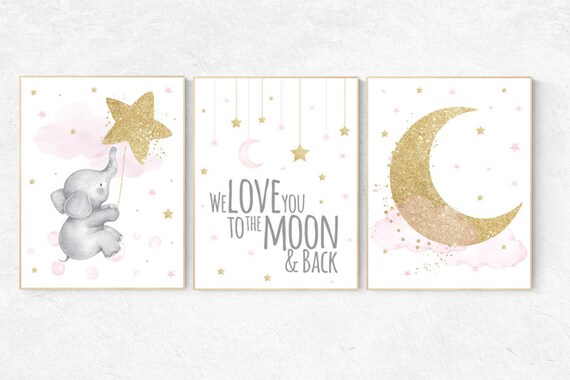 Nursery wall art girl elephant, pink and gold nursery, we love you to the moon and back, pink nursery art, cloud and stars, baby room decor