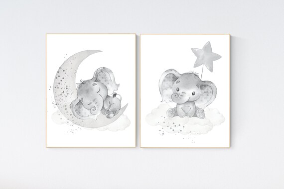 Grey nursery wall art, elephant nursery wall art, gender neutral, gray nursery art, nursery wall decor, moon, stars, neutral, twin nursery