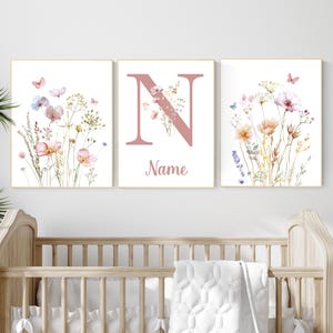 Wildflower Nursery Wall Art Set – Personalized Name Floral Print – Boho Botanical Girl Room Decor – Watercolor Flower Prints