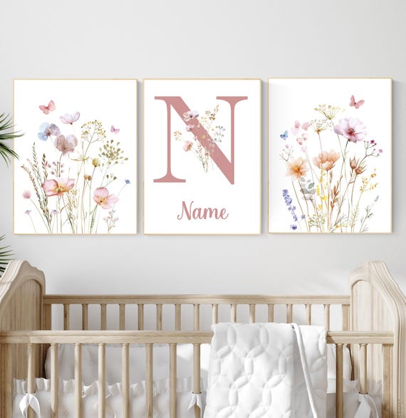 Wildflower Nursery Wall Art Set – Personalized Name Floral Print – Boho Botanical Girl Room Decor – Watercolor Flower Prints