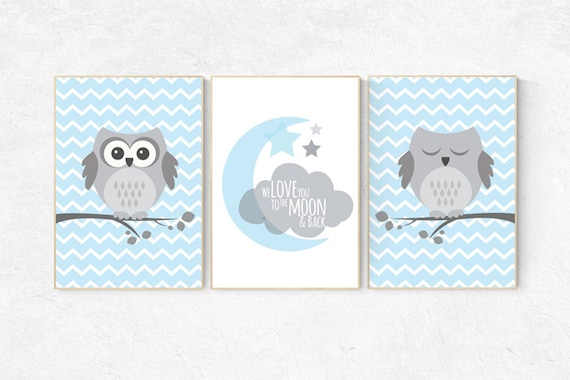 We love you to the moon and back, owl nursery art, Baby boy nursery decor, Blue gray nursery, boys room wall art, baby room prints, set of 3