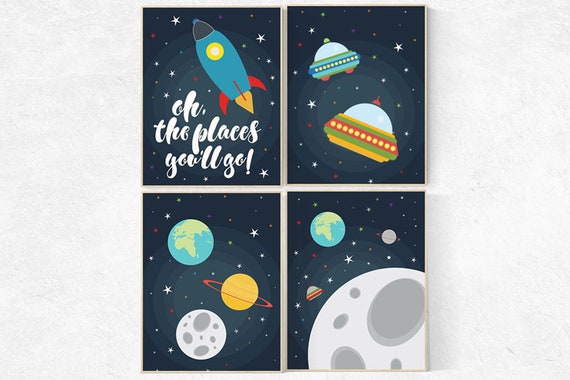 Space nursery decor, oh the places you'll go, outer space nursery wall art, space themed nursery, boys room decor, planet nursery, navy