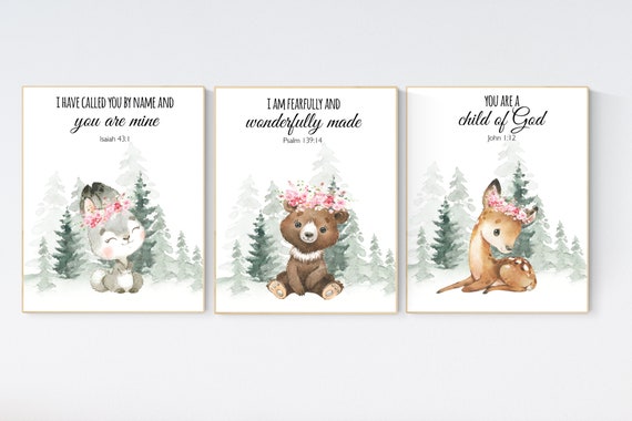 Nursery decor woodland, Woodland Nursery Wall Art, Woodland Print Set, animal prints, verse nursery, bible nursery, girl nursery decor