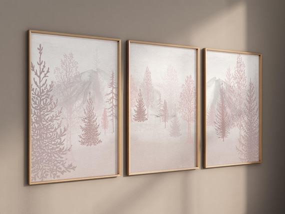 Nursery decor woodland, mountain wall art, pink nursery decor, adventure theme nursery, forest, pink and gray, woodland animals