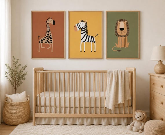 Safari Animal Nursery Prints: Boho Jungle Art, Set of 3