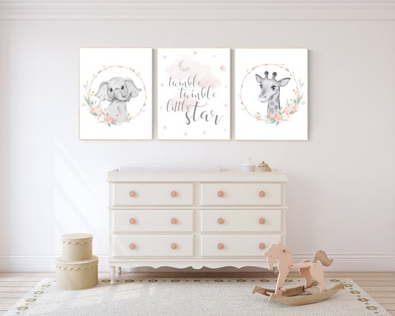 Nursery decor girl boho, animal nursery, blush nursery, blush pink, floral nursery prints, elephant nursery, giraffe, twinkle twinkle
