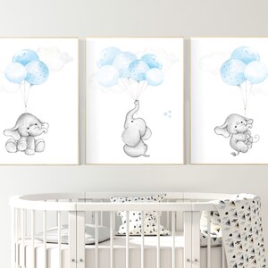 Blue nursery decor, elephant nursery wall art, nursery decor boy elephant, animal prints, baby room, baby blue nursery, elephant balloon