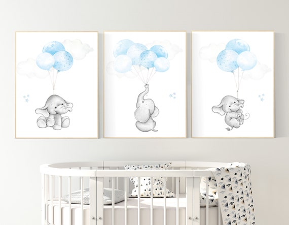 Blue nursery decor, elephant nursery wall art, nursery decor boy elephant, animal prints, baby room, baby blue nursery, elephant balloon