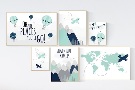 Adventure awaits nursery, navy mint, Adventure nursery, mountain, airplane, world map, hot air balloon, mint and navy, travel themed nursery