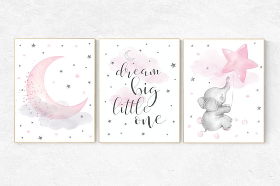 Nursery decor girl elephant, pink and gray, nursery decor girl pink, dream big little one, cloud, stars, nursery wall art, baby room decor