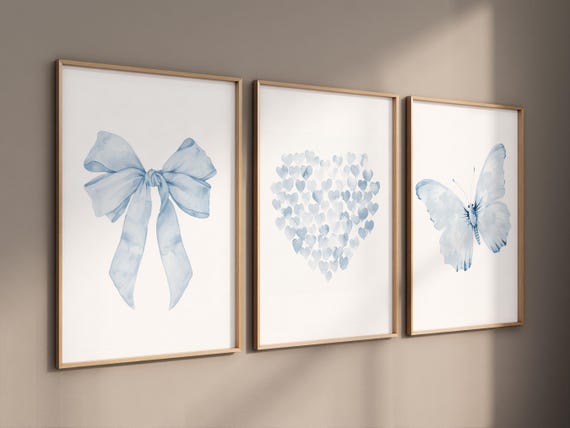 Blue bow nursery prints, Watercolor heart wall art, Bow nursery print, Blue nursery art set, Watercolor Bow Prints, nursery decor bow