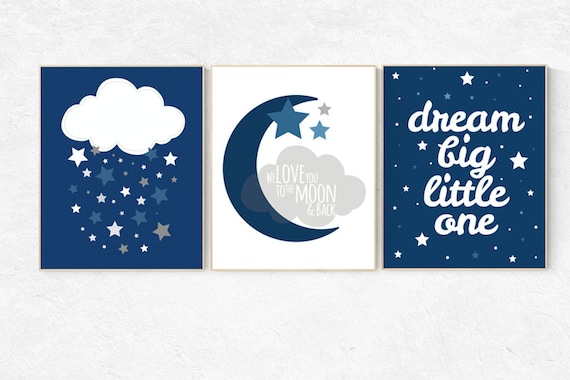 Nursery decor boy navy, navy blue nursery wall art, navy blue nursery wall decor, dream big little one, cloud and stars nursery, boys room