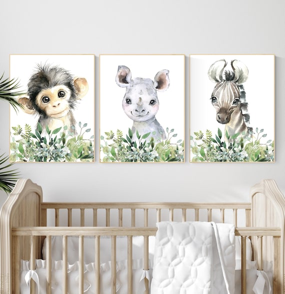 Safari Jungle Nursery Wall Art Set of 3, Baby Monkey Zebra Rhino Prints, Greenery Animal Decor, Watercolor Safari Animals Poster