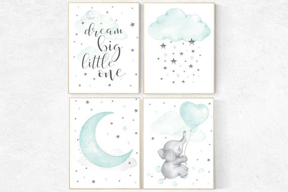 Nursery decor elephant, Mint nursery, gender neutral nursery, dream big little one, nursery decor woodland, animals, moon nursery art, cloud