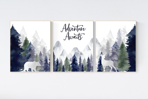 Woodland Nursery Prints, Mountain Print, sage nursery, nursery decor boy mountain, adventure theme nursery, forest, woodland animals