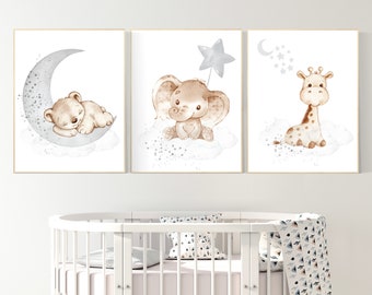 Nursery wall art animals, gray nursery, gender neutral nursery, neutral nursery, baby room decor, bear, elephant, giraffe, animal prints