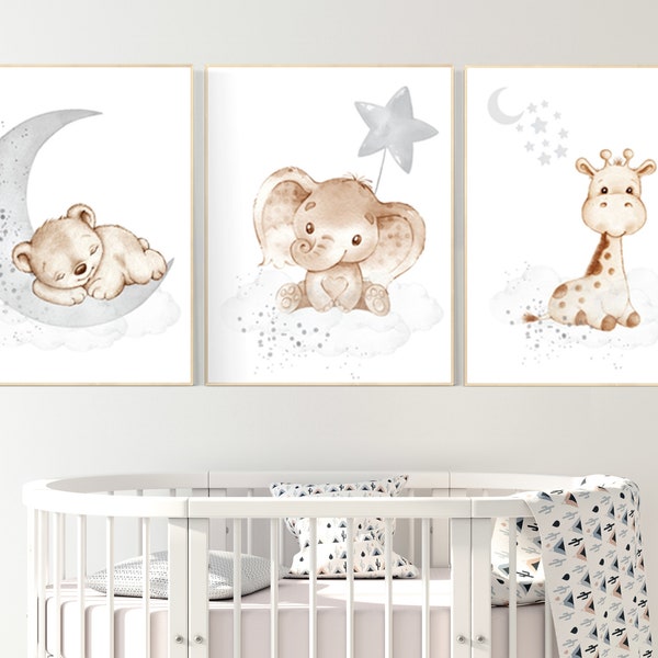 Nursery wall art animals, gray nursery, gender neutral nursery, neutral nursery, baby room decor, bear, elephant, giraffe, animal prints