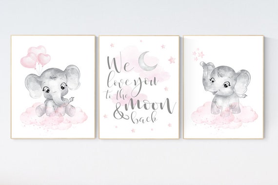 Nursery wall art girl elephant, pink and gray nursery, we love you to the moon and back, pink nursery art, moon and stars, baby room decor