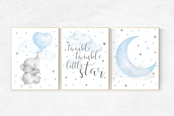 Nursery decor boy, nursery decor boy elephant, nursery wall art boy, twinkle twinkle little star, cloud and raindrops elephant nursery print