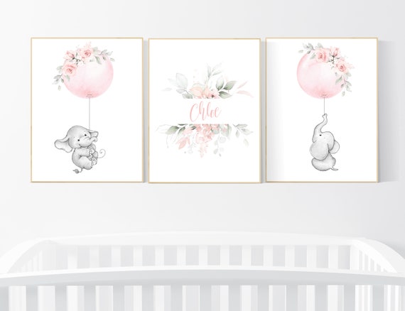 Elephant nursery, nursery prints girl, Blush pink nursery decor, floral nursery, nursery decor elephant, blush nursery, flower nursery