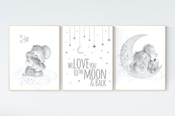 Grey nursery wall art, elephant nursery wall art, moon and stars, gender neutral, gray nursery art, baby room decor, neutral, twin nursery