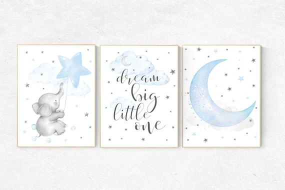 Nursery wall art boy, Elephant nursery, dream big little one, Blue and gray, Nursery decor boy, boys room decor, clouds and stars, blue grey