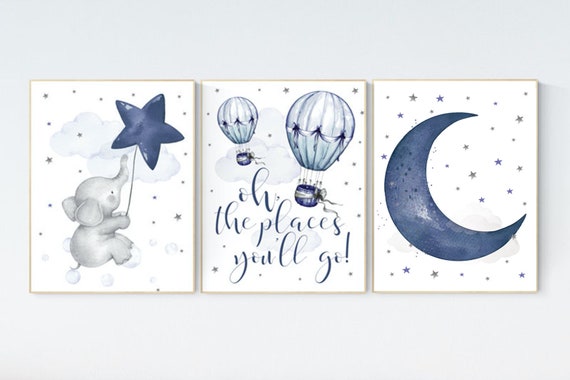 Nursery decor boy elephant, oh the places you'll go, navy nursery decor, cloud and stars, hot air balloon, navy blue nursery art. baby room