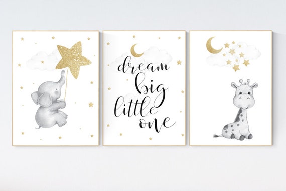 Nursery wall art gold, gold gray nursery, nursery decor neutral, baby room decor girl, moon and stars, baby room decor, giraffe nursery