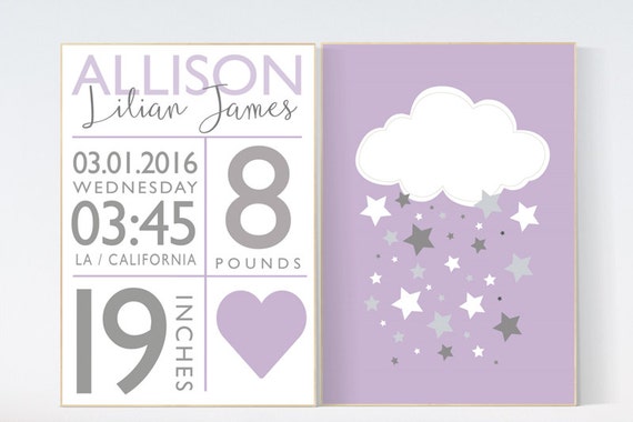 Baby birth stats, purple nursery decor, nursery wall art, cloud nursery art, baby gift ideas, birth announcement, baby name sign wall art