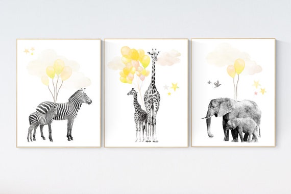 Yellow nursery, Animal balloon print, Baby animal prints, Safari Nursery, gender neutral, watercolor animals for Nursery decor elephant