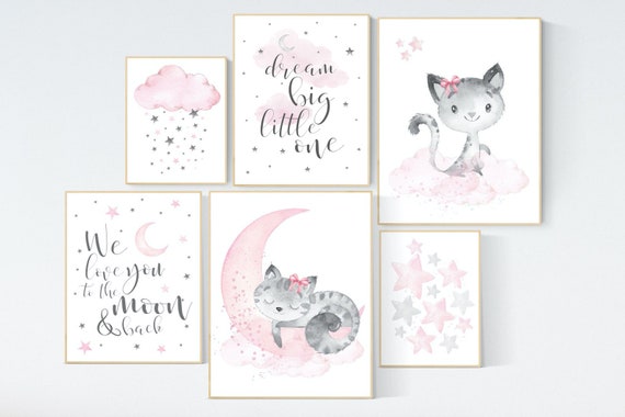 Nursery wall art girl, kitten, cat nursery, pink grey, nursery decor girl pink, we love you to the moon and back, baby room decor girl
