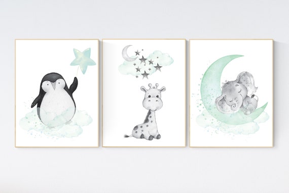 Mint nursery decor, nursery decor penguin, giraffe, elephant, nursery decor neutral, nursery decor gender neutral, cloud and star nursery