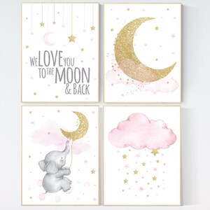 Nursery decor girl elephant, pink and gold nursery, we love you to the moon and back, pink nursery art, cloud and stars, baby room decor