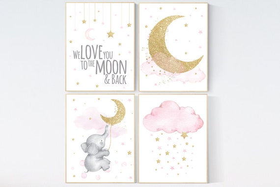 Nursery decor girl elephant, pink and gold nursery, we love you to the moon and back, pink nursery art, cloud and stars, baby room decor