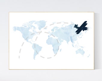 Navy Blue World Map Nursery Print: Adventure Awaits