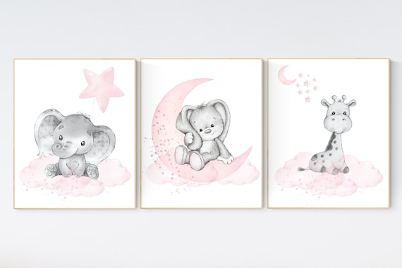 Animal nursery, nursery decor girl pink gray, nursery decor girl woodland animals, bunny, elephant, giraffe, baby girl nursery prints