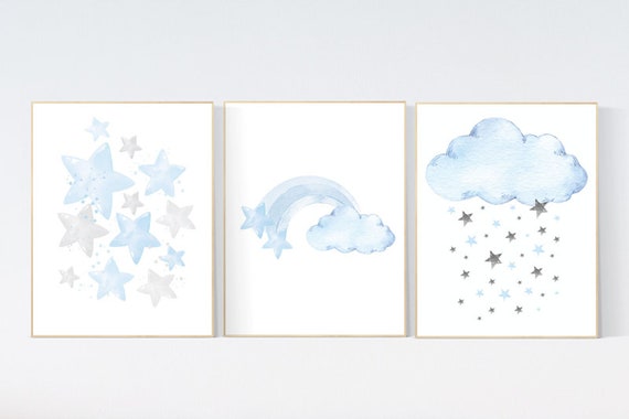 Nursery decor boy sky, Blue nursery decor, cloud and stars, moon and stars, blue nursery art. baby room wall art, set of 3, nursery art,