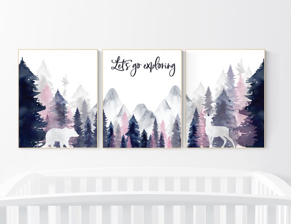 Woodland nursery, girl nursery decor, pink and navy nursery, mountain wall art, tree nursery decor, forest nursery, girl nursery decor