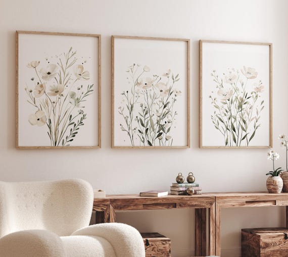 White Wildflower Wall Art Set of 3, Neutral Botanical Prints