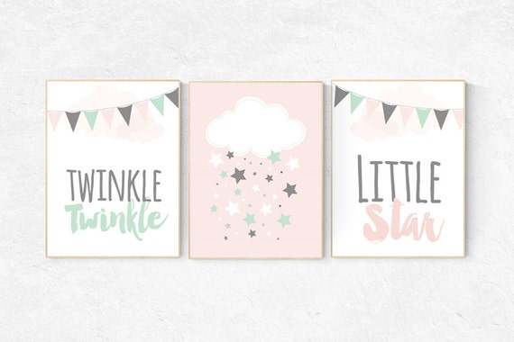Twinkle twinkle little star, elephant nursery decor, Baby girl nursery decor, coral mint nursery decor, cloud nursery, girls room wall art
