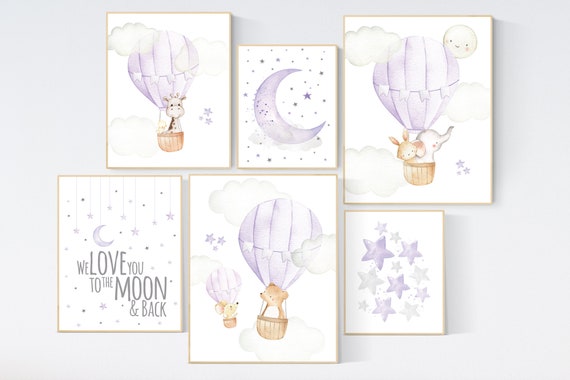 Nursery decor girl hot air balloon, Nursery decor girl purple, purple nursery, lilac nursery print, lavender nursery wall art, baby girl