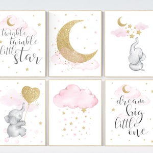 Nursery decor girl, nursery decor elephant, pink gold nursery, girl room wall art, baby nursery wall art, moon and stars, pink and gold